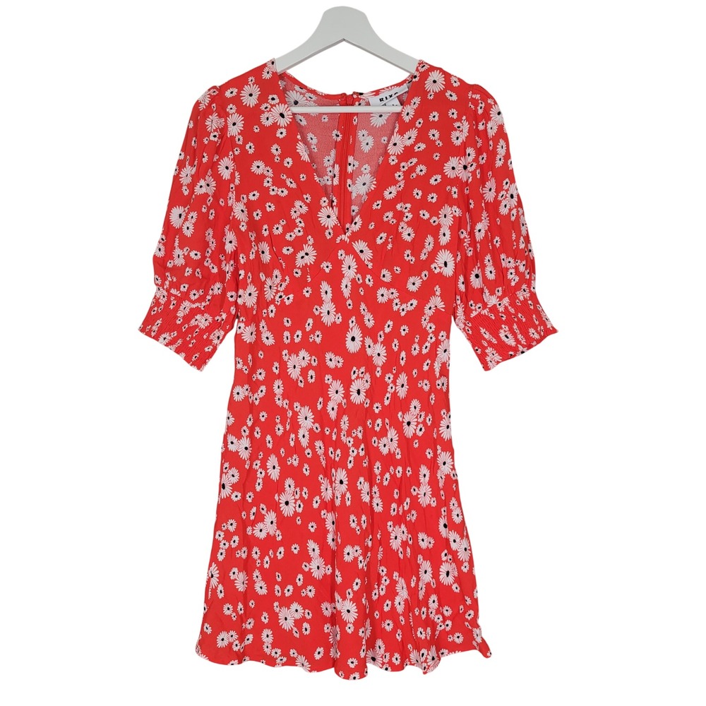 RIXO Target Mini Dress Women 6 Orange Daisy Floral V-Neck Puff Sleeve Rayon Boho